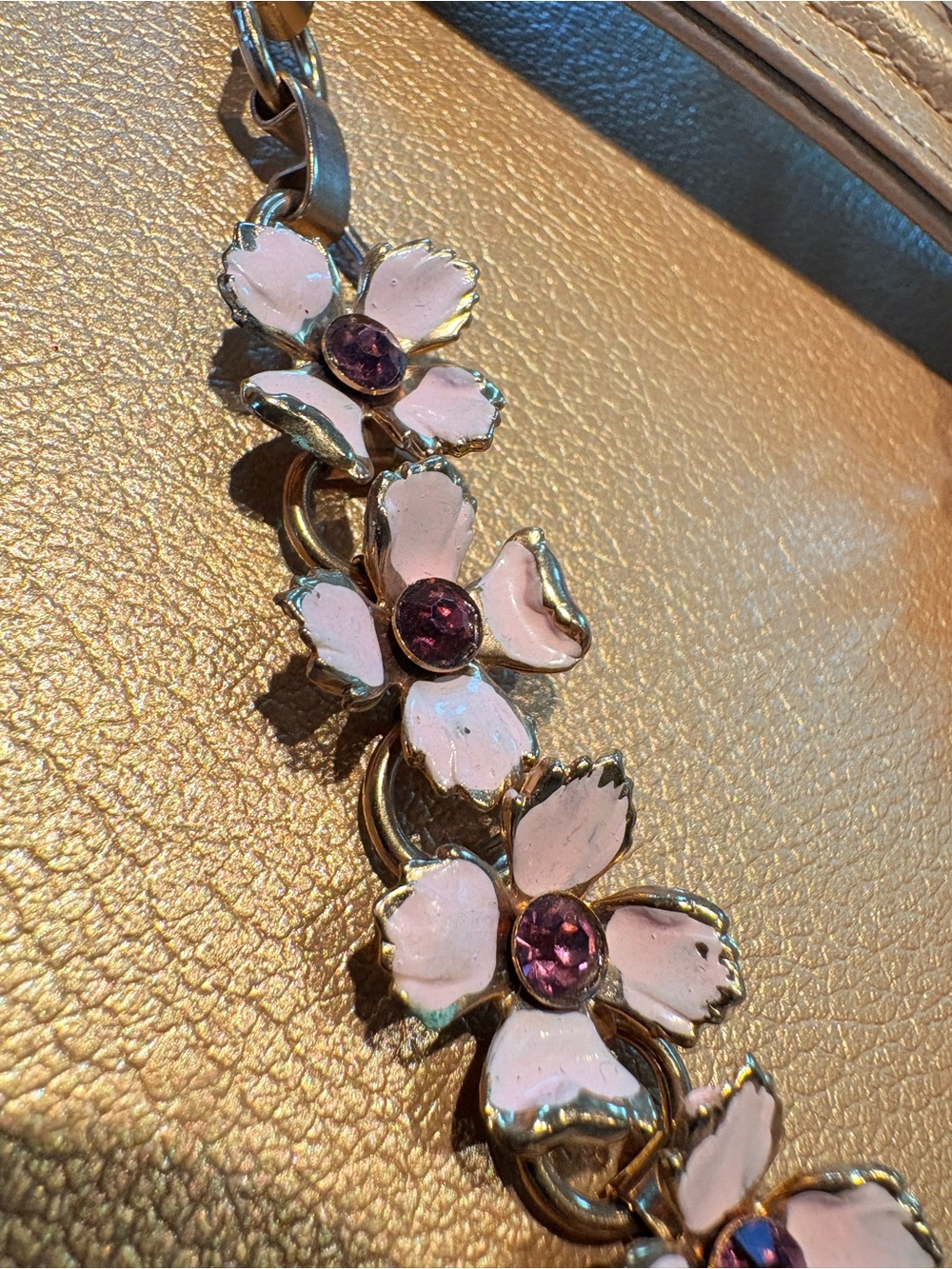 Antique Pink Dogwood Floral Amethyst Purple Crystal Statement Necklace Gold - Picture 3 of 6